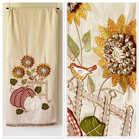 RACHEL ASHWELL The Prairie Table Runner Pumpkins Embroidered Birds Flowers - Picture 1 of 11